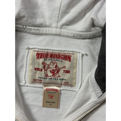 True Religion zip hoodie white pink stitches patchwork