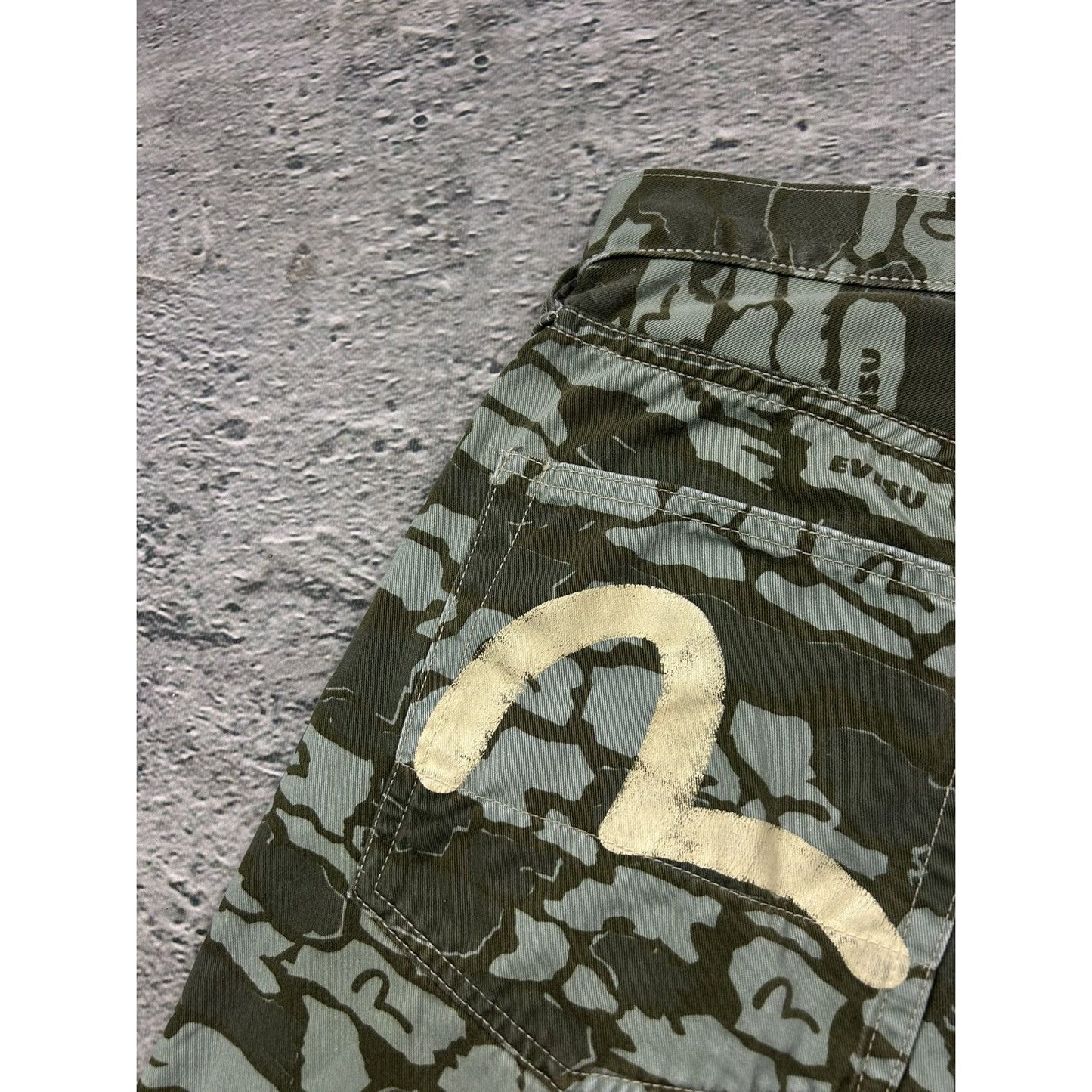 Evisu camo jorts white seagulls green made in Japan