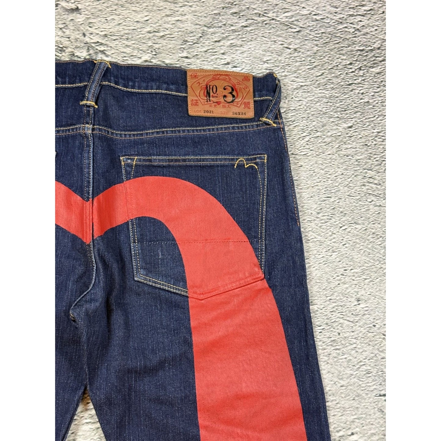 Evisu jeans daicock red big logo navy raw denim Selvedge