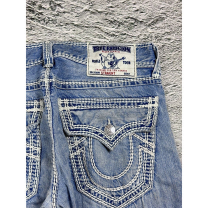 True Religion jeans straight baby blue Mega T white stitch