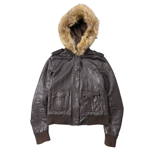 True Religion leather jacket brown lambskin fur hooded