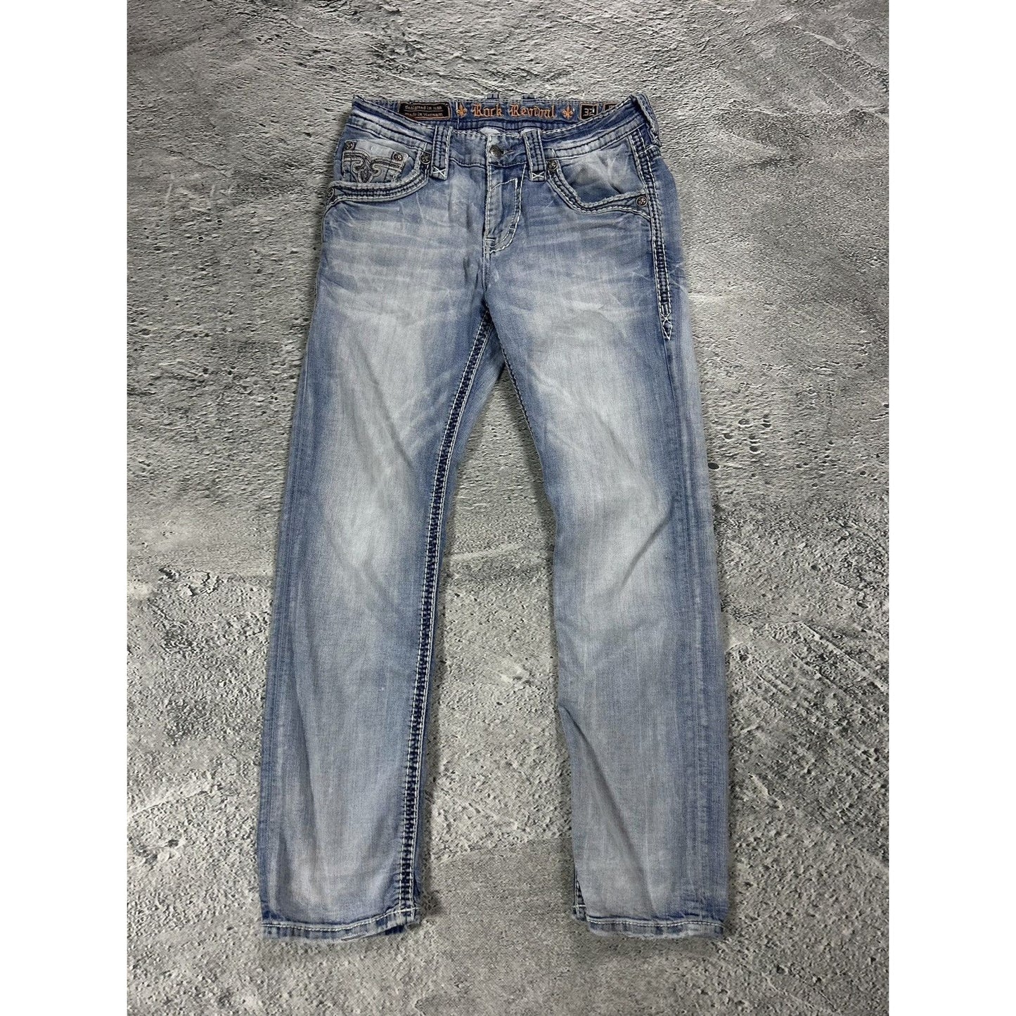 Rock Revival vintage light blue jeans Y2K Marcin white stitching