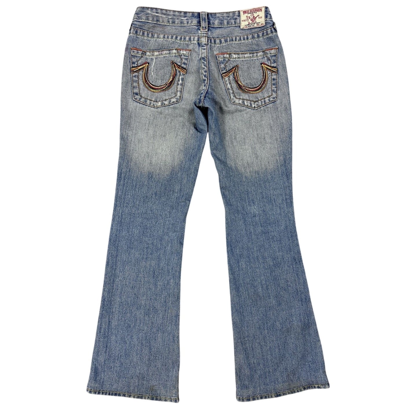True Religion flared jeans blue white thick stitching Y2K