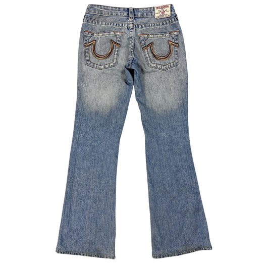 True Religion flared jeans blue white thick stitching Y2K