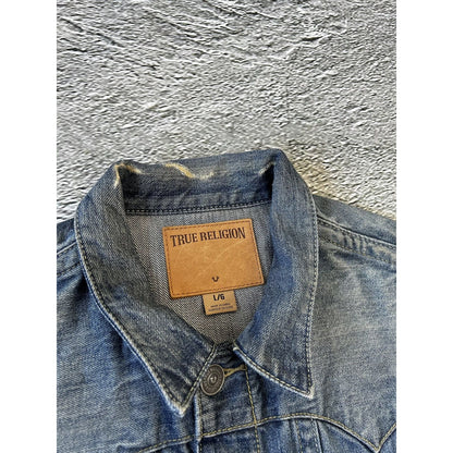 True Religion denim jacket navy grey contrast stitching Y2K