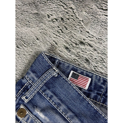 True Religion blue washed jeans white thick stitching Logan