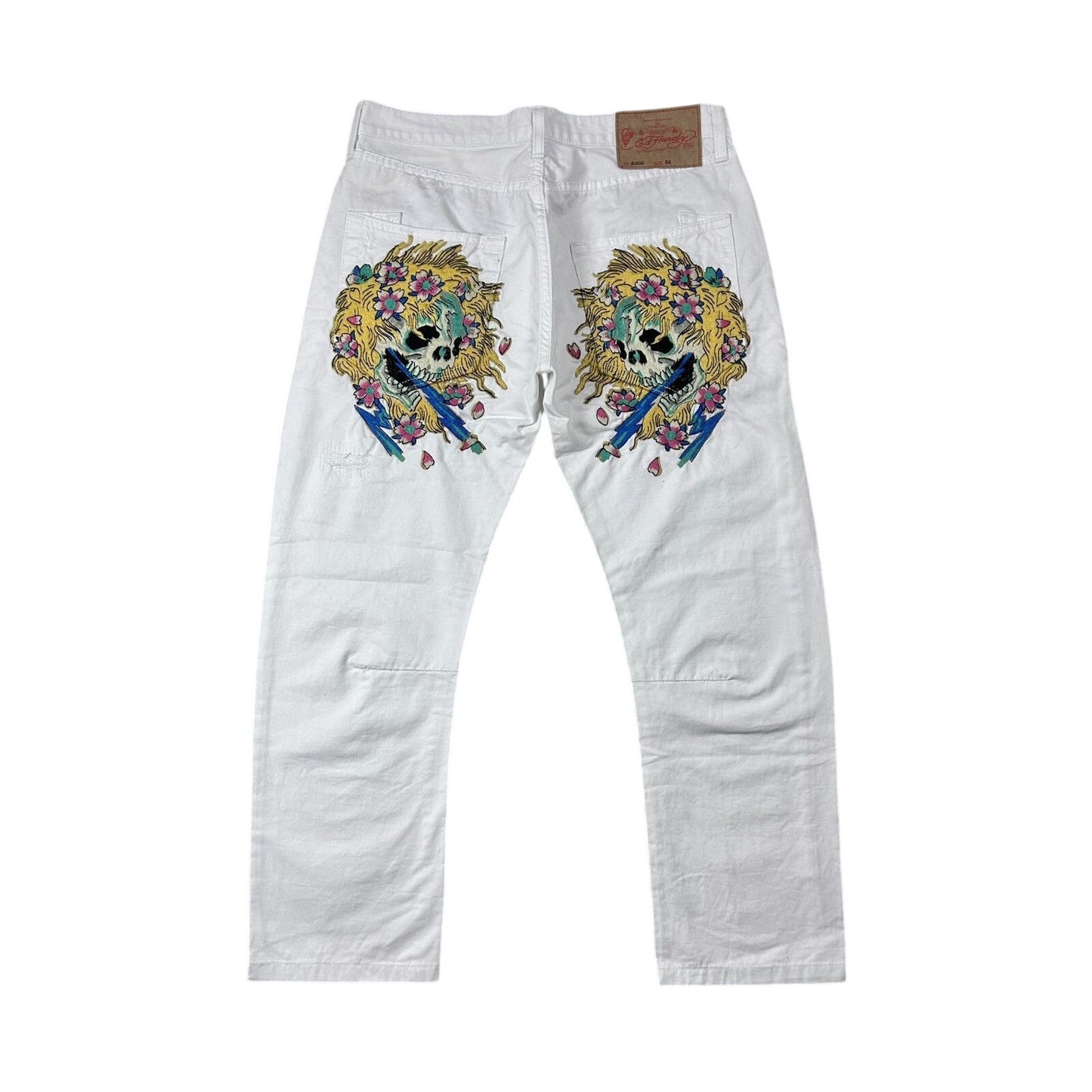 Ed Hardy white vintage jeans skull embroidered pants flowers