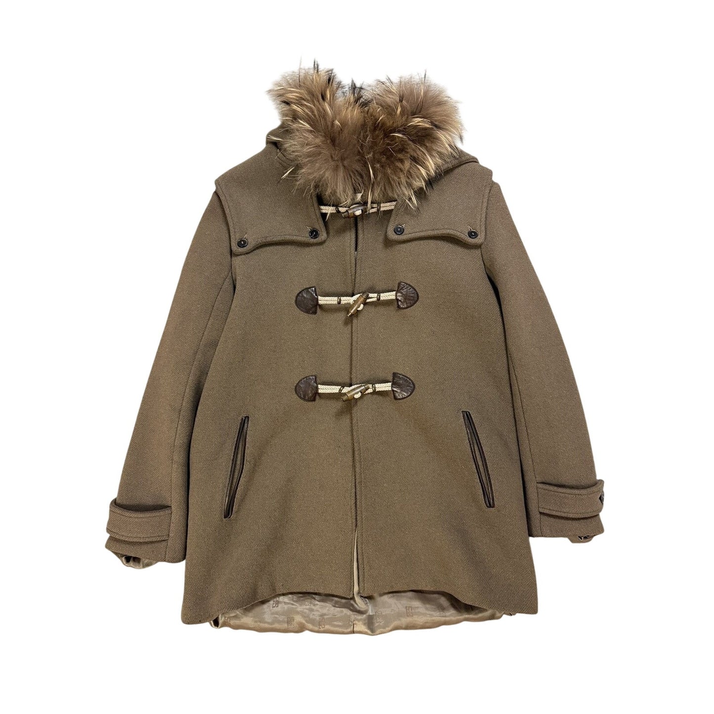 Sandro coat heavy wool khaki green hooded with fur