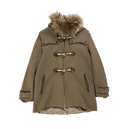 Sandro coat heavy wool khaki green hooded with fur