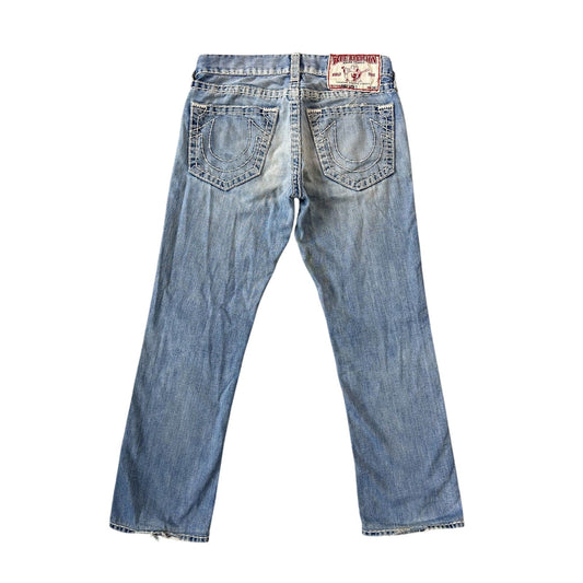 True Religion baby blue jeans white thick stitching Bobby