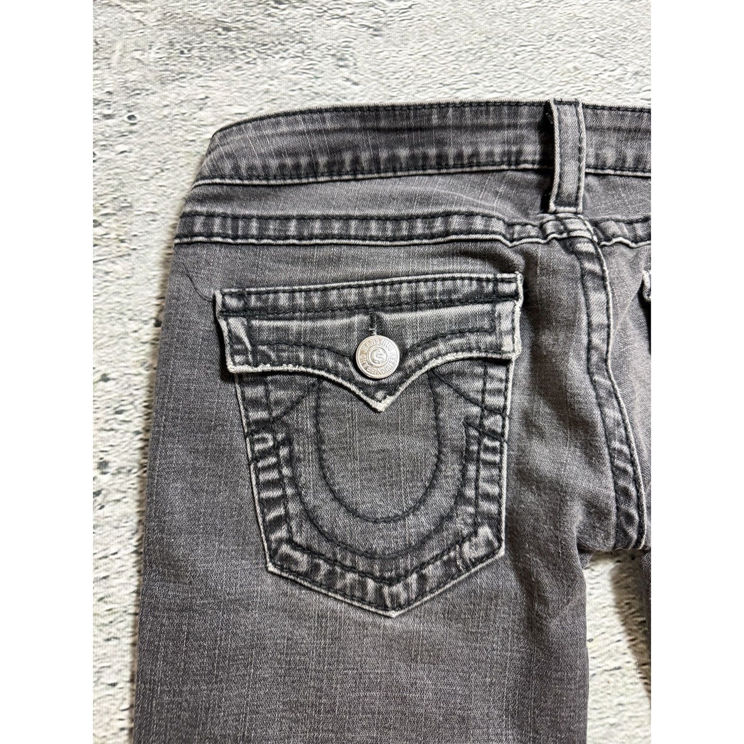 True Religion jeans grey black thick stitching flared Joey