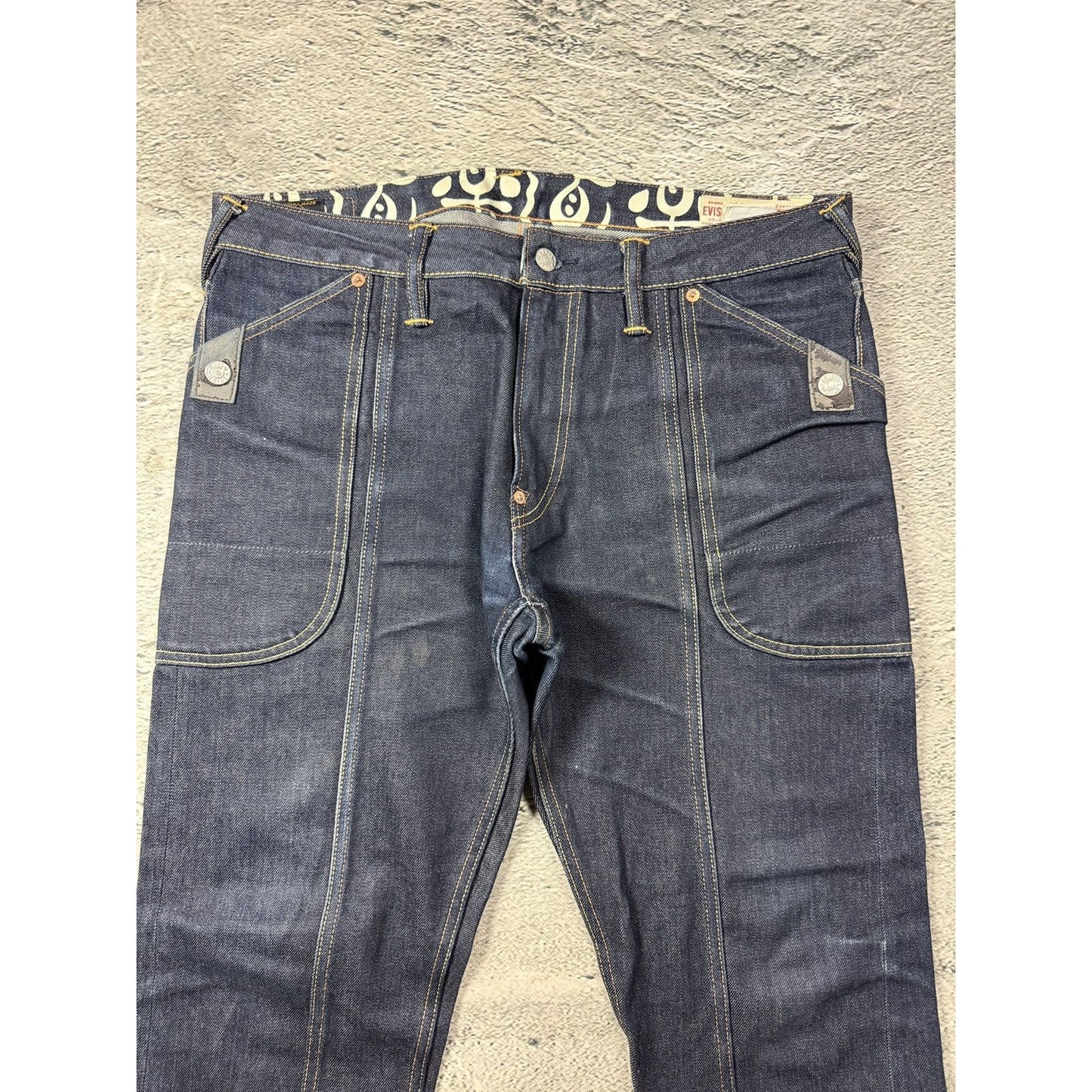 Evisu jeans cargo daicock red big logo raw denim Selvedge