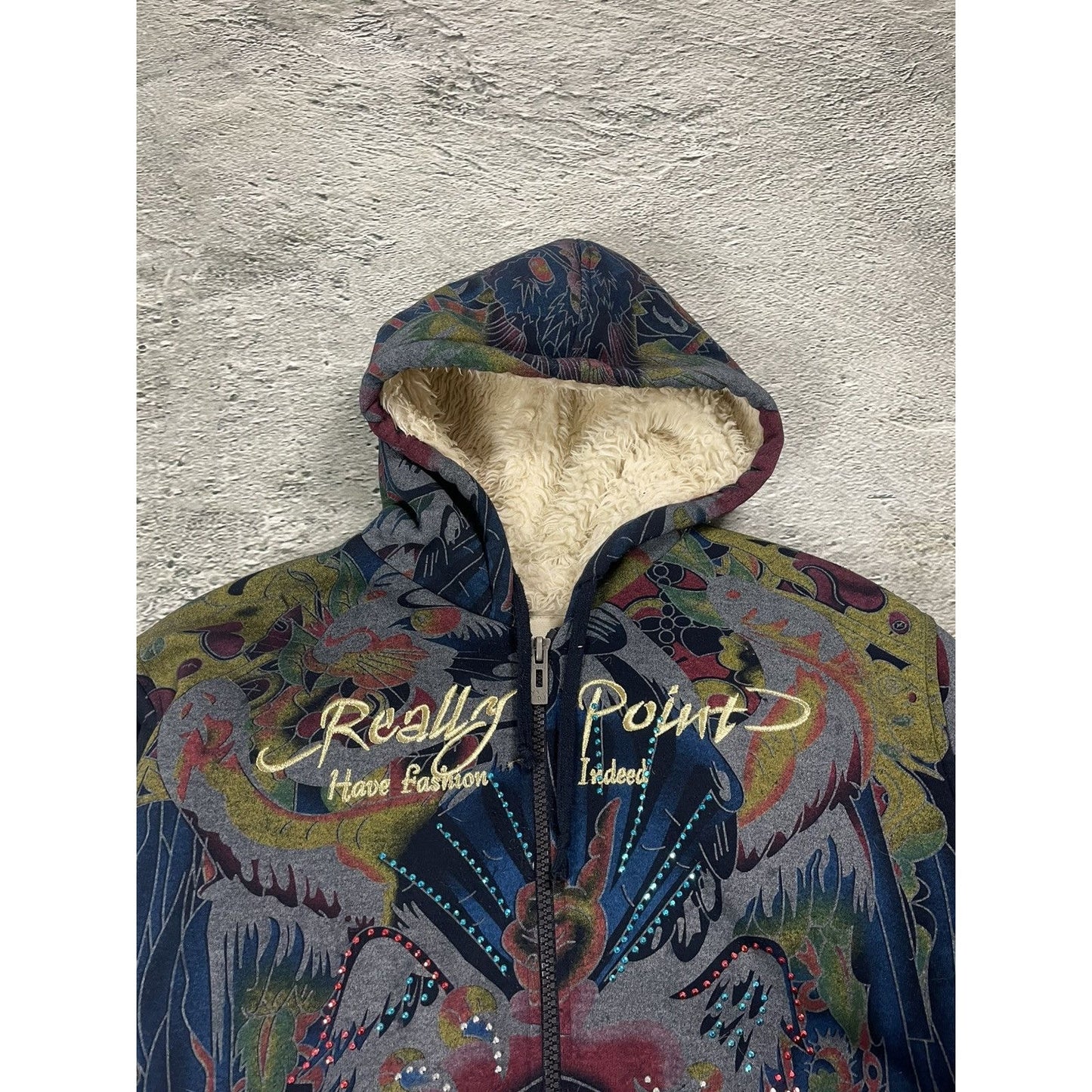 Really Point Y2K vintage zip hoodie navy fur Ed Hardy