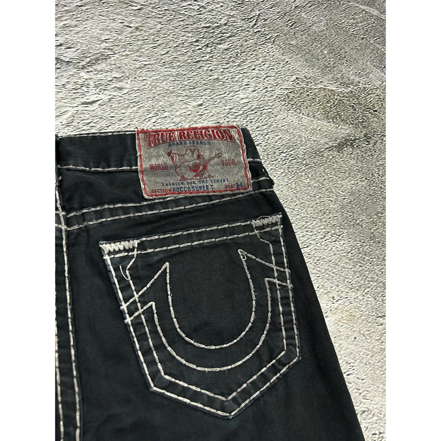 True Religion vintage black jeans denim white stitching
