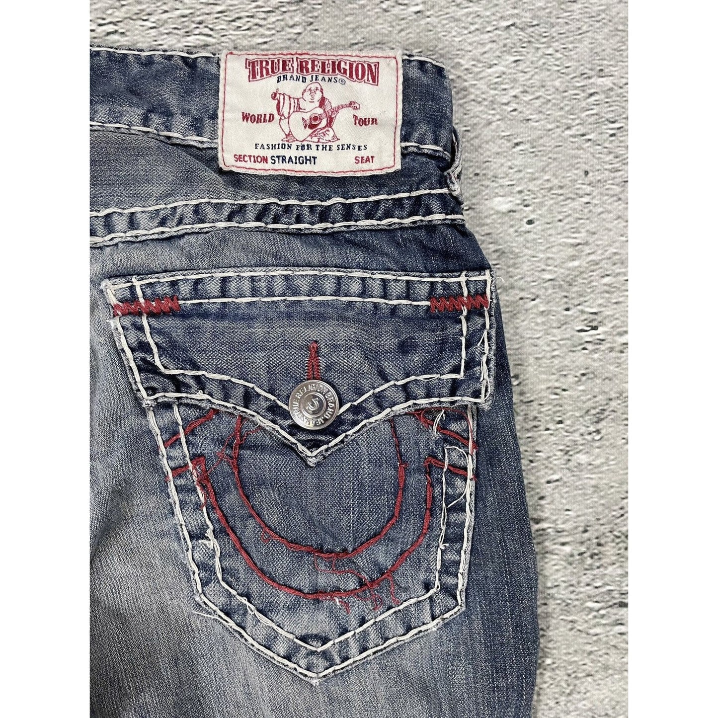 True Religion blue jeans white red thick stitching straight