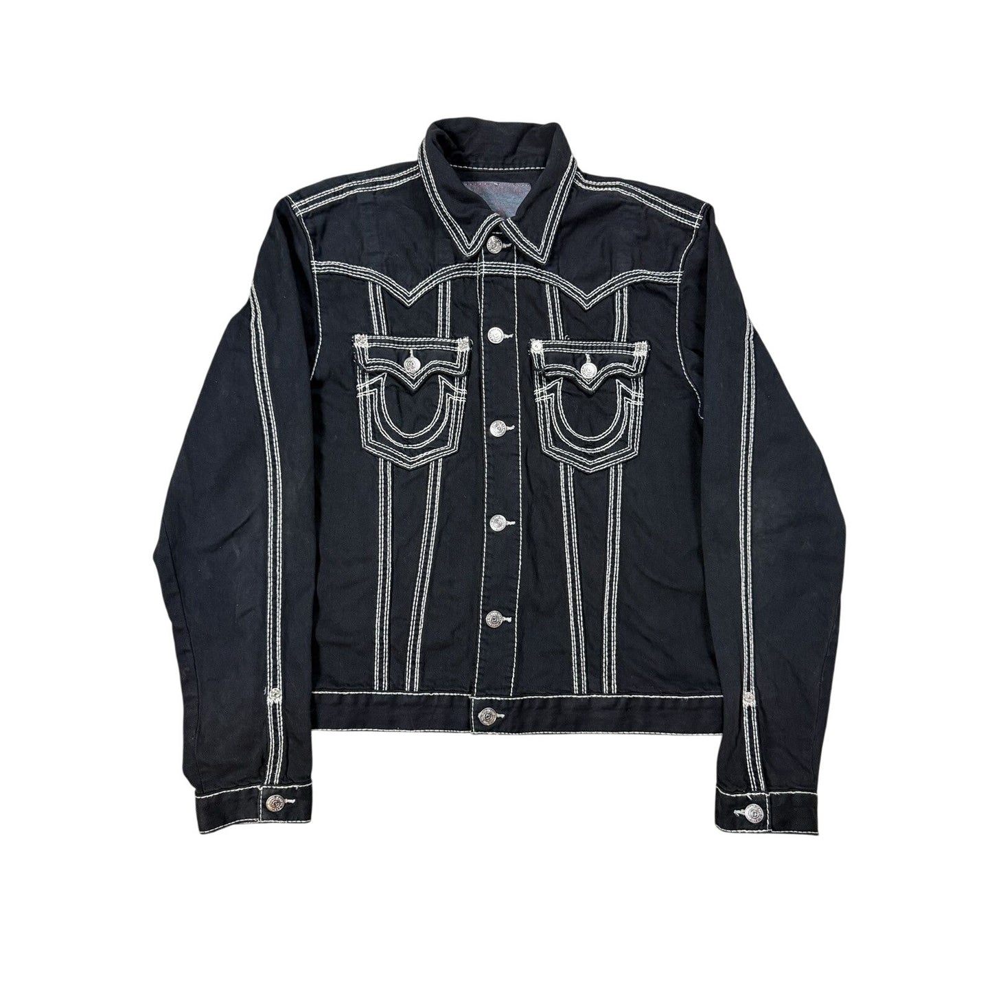 True Religion denim jacket black white thick stitching