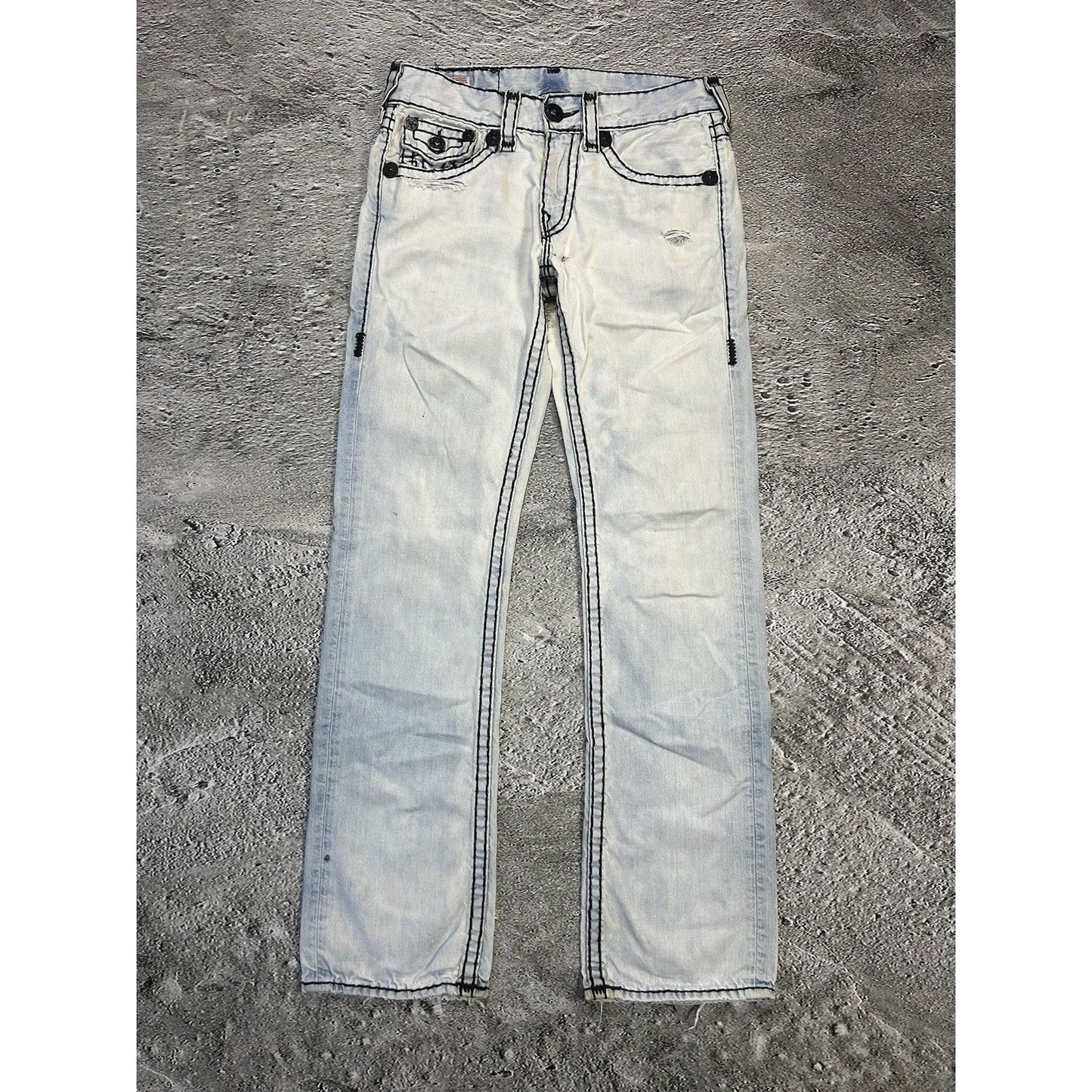 True Religion vintage baby blue white jeans black stitching