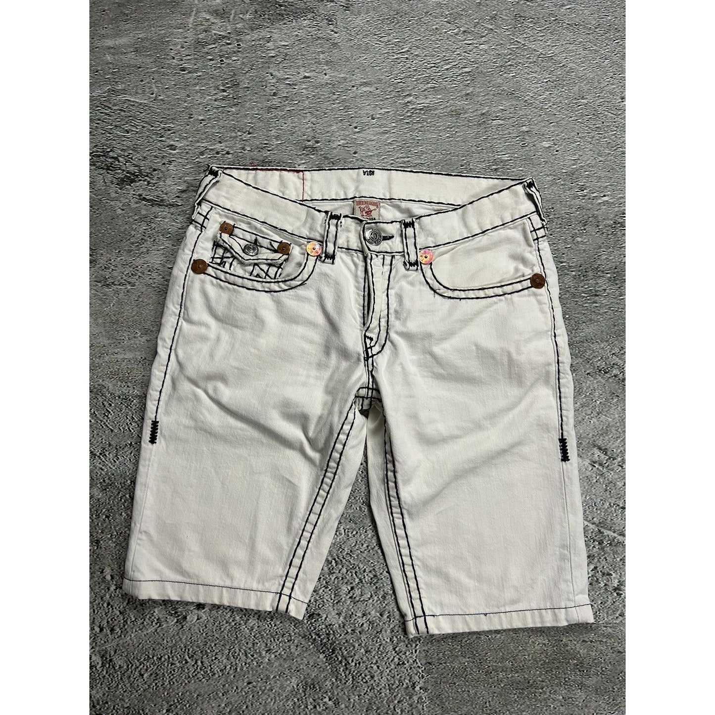 True Religion jorts vintage white denim shorts black stitch