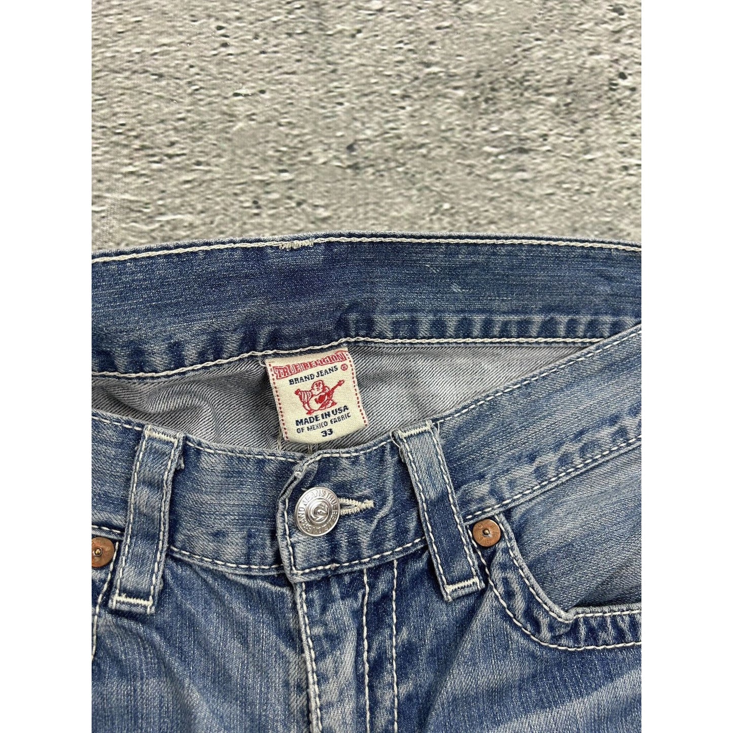 True Religion blue jeans white thick stitching straight Y2K