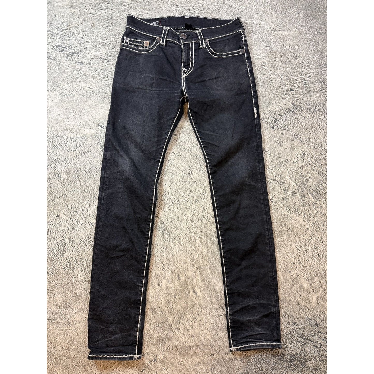 True Religion black jeans Rocco white thick stitching Y2K slim