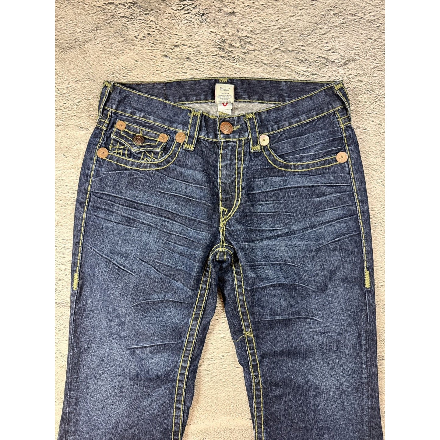 True Religion blue jeans flared bootcut green stitching Joey