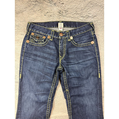 True Religion blue jeans flared bootcut green stitching Joey