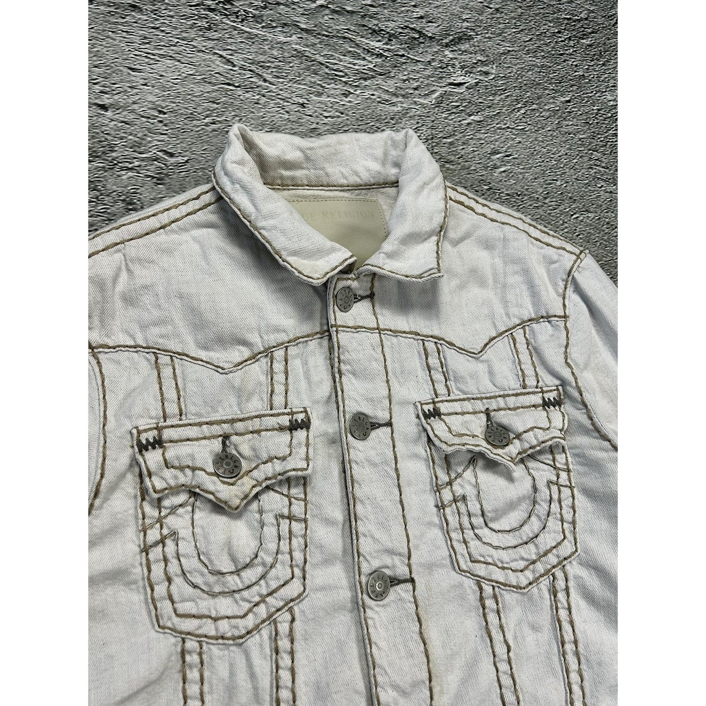 True Religion denim jacket white thick stitching Y2K linen