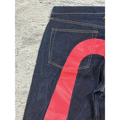 Evisu jeans daicock red big logo navy raw denim Selvedge