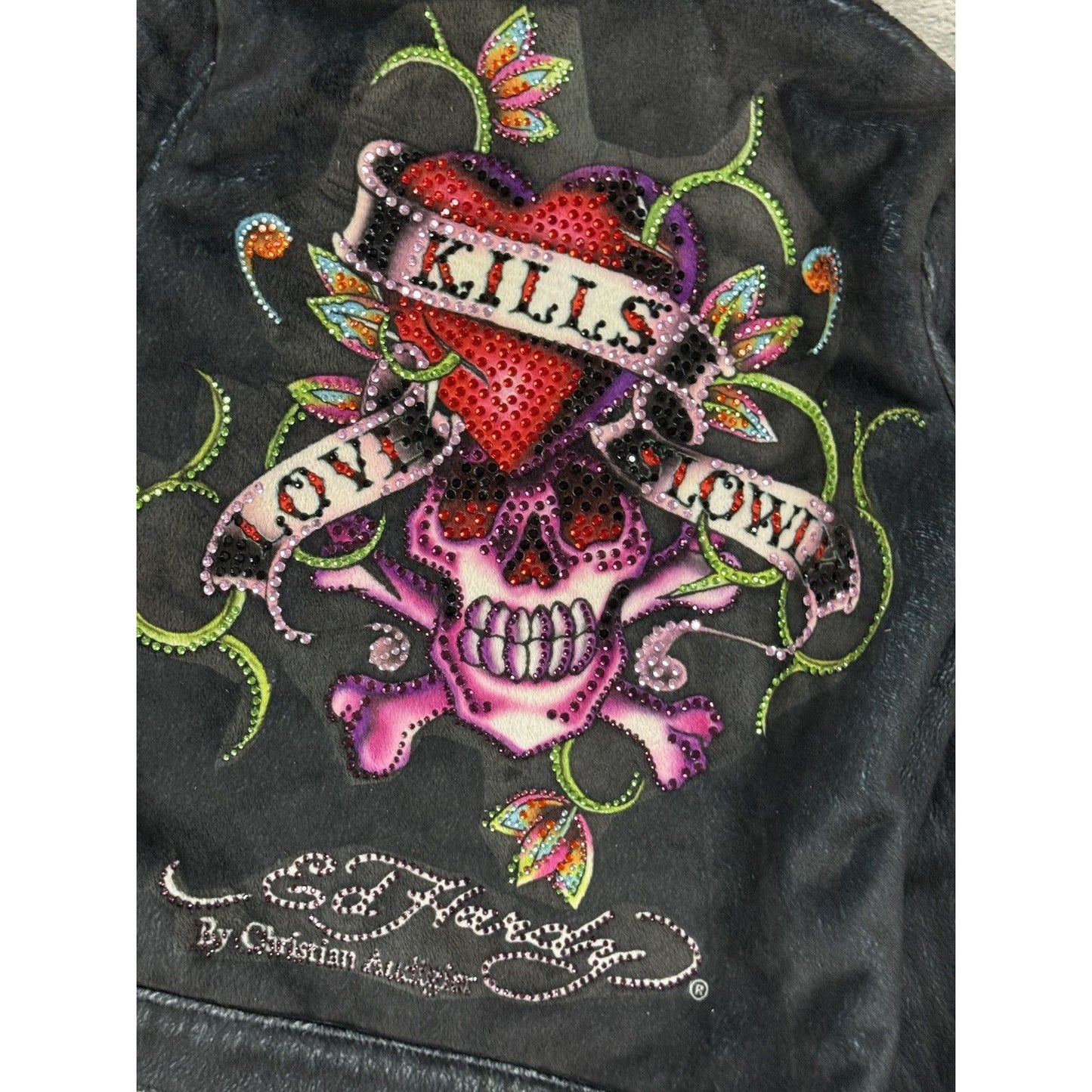 Ed Hardy zip hoodie black red vintage Y2K faux fur