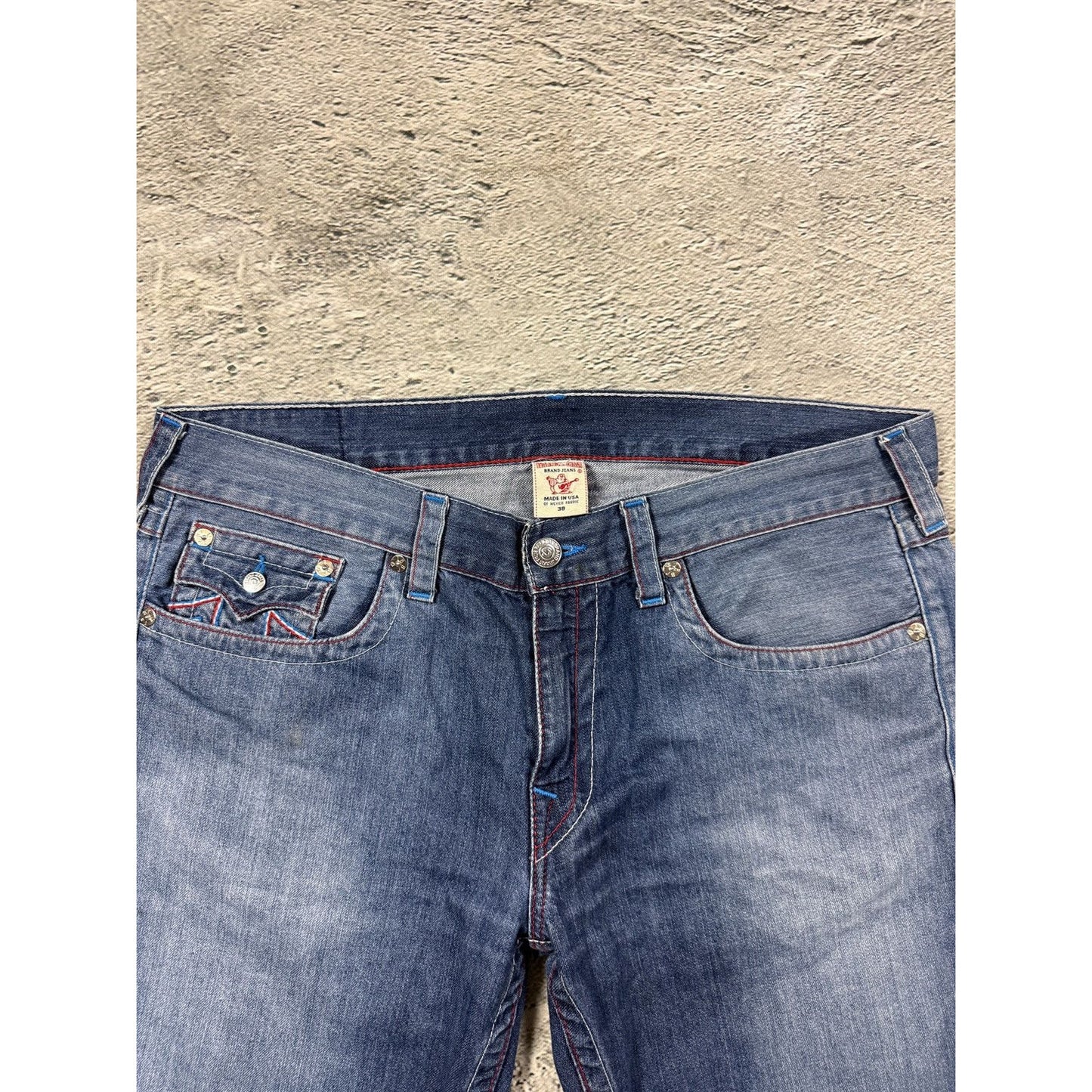 True Religion jorts denim shorts stitching blue red