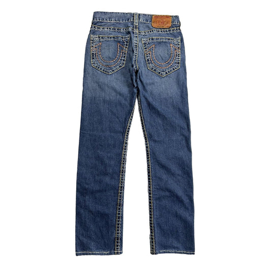 True Religion vintage jeans blue white thick stitching Y2K