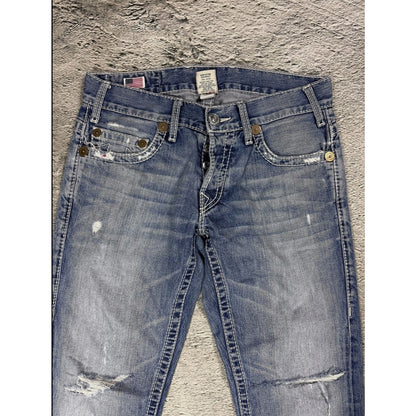 True Religion blue washed jeans white thick stitching Logan