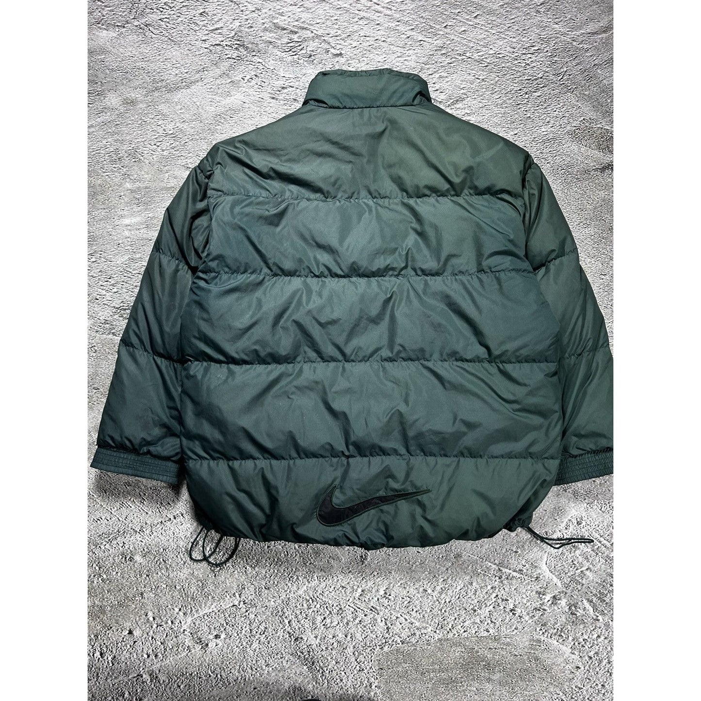 Nike puffer jacket green vintage big swoosh Y2K