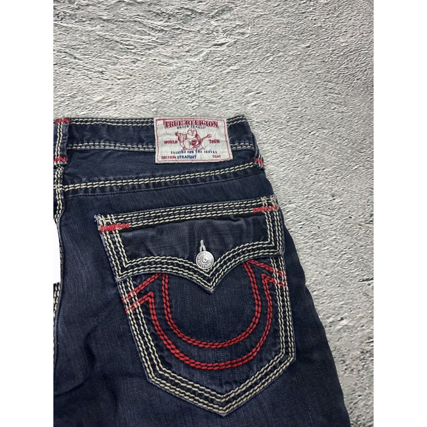 True Religion VAMP navy blue jeans red stitch contrast Y2K