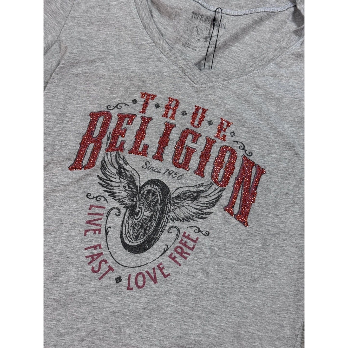 True Religion gray red rhinestones T-shirt logo