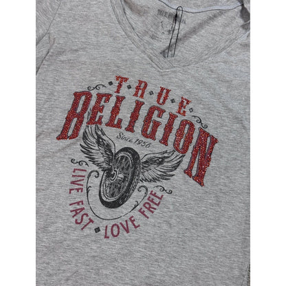 True Religion gray red rhinestones T-shirt logo