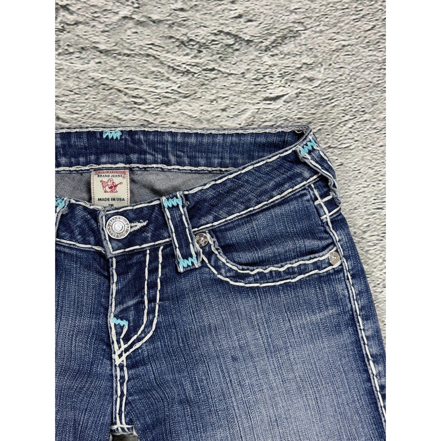 True Religion jeans bootcut blue white thick stitching