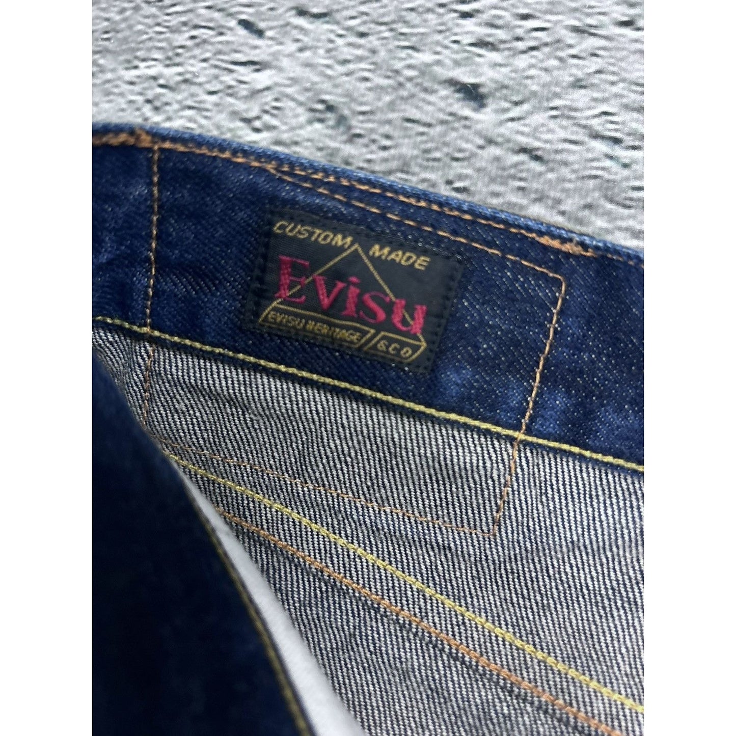 Evisu jorts navy blue shorts denim red seagulls handpainted