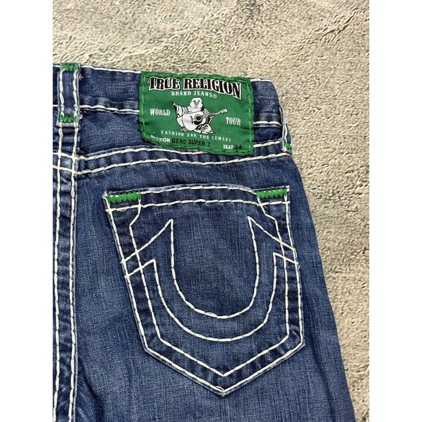 True Religion Geno Green tab blue jeans white stitching