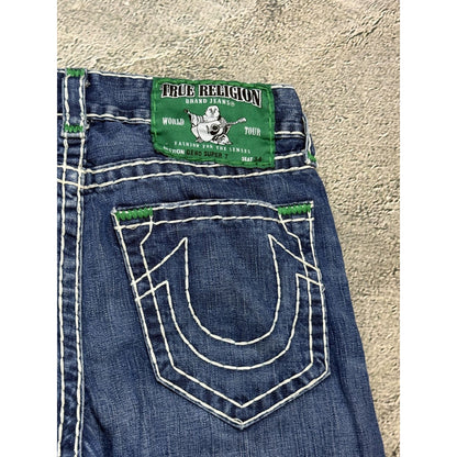 True Religion Geno Green tab blue jeans white stitching
