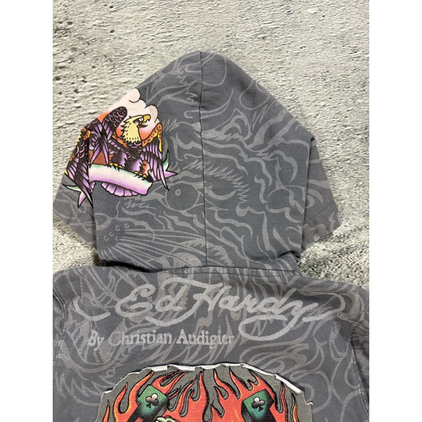 Ed Hardy zip hoodie grey Y2K vintage Christian Audigier fur