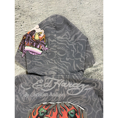 Ed Hardy zip hoodie grey Y2K vintage Christian Audigier fur