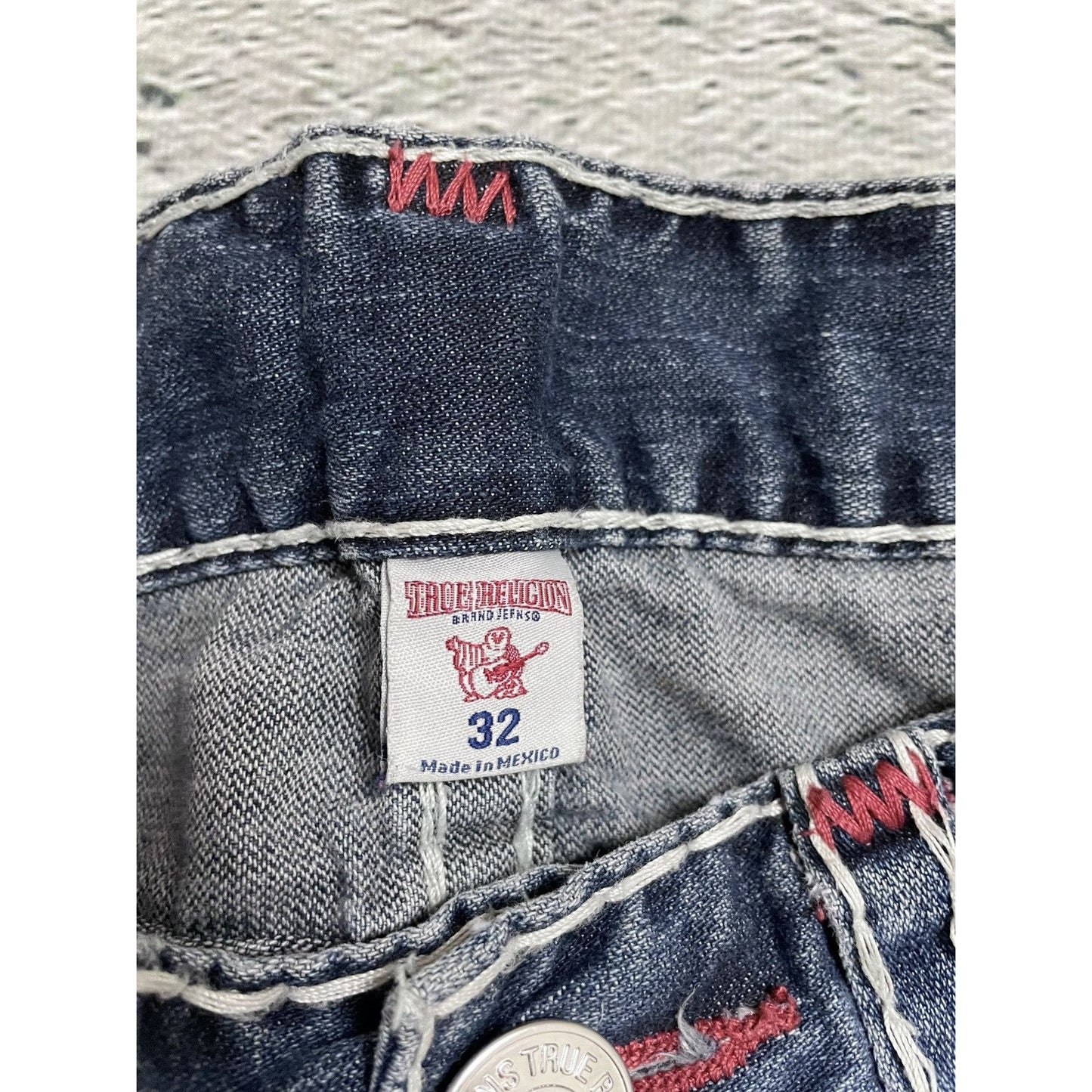 True Religion blue jeans white red thick stitching straight