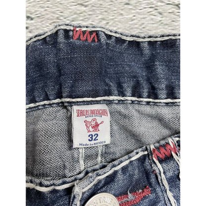 True Religion blue jeans white red thick stitching straight