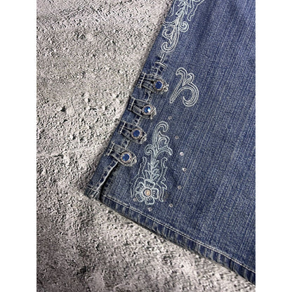 Y2K jeans flared floral embroidery rhinestone