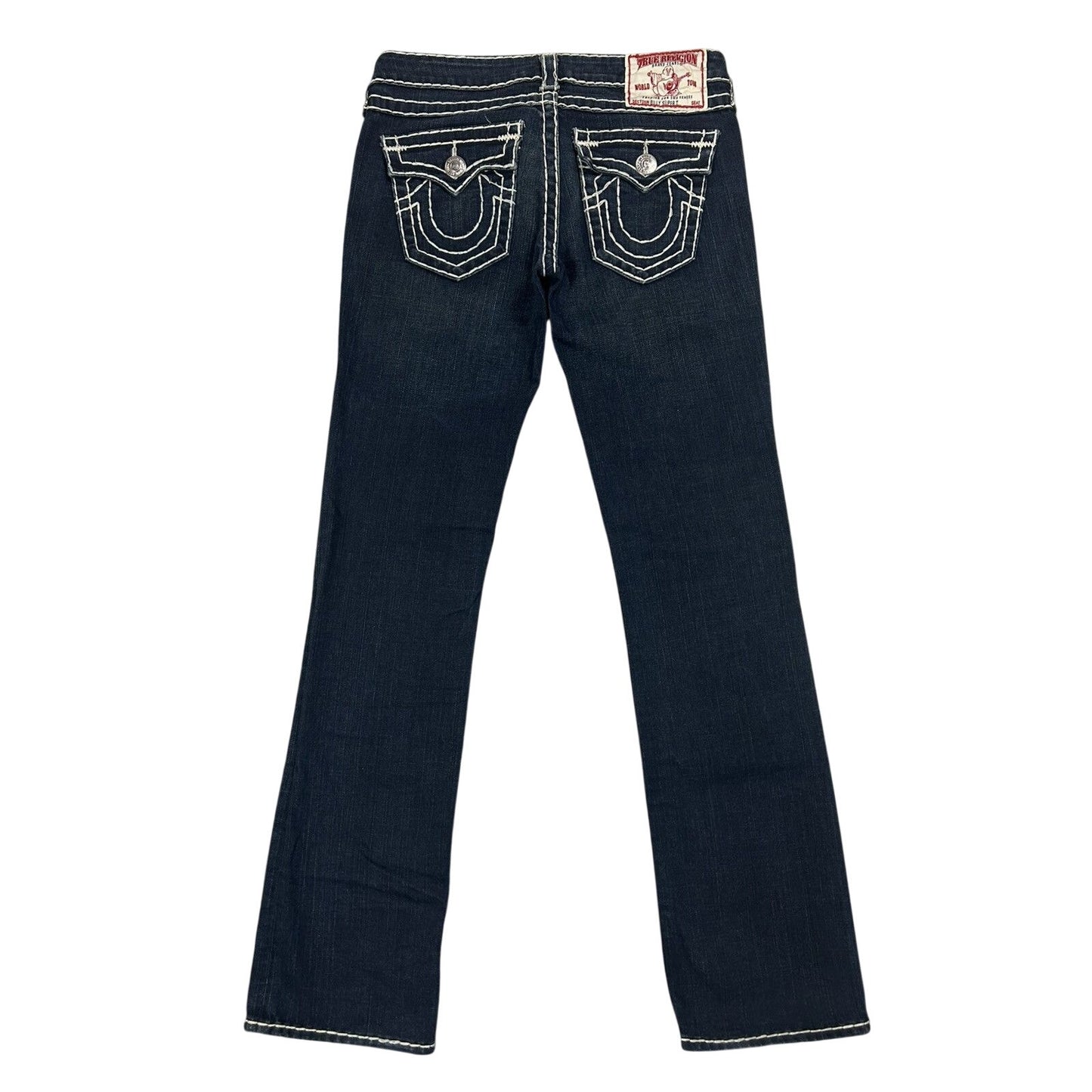 True Religion navy blue jeans white thick stitching Billy