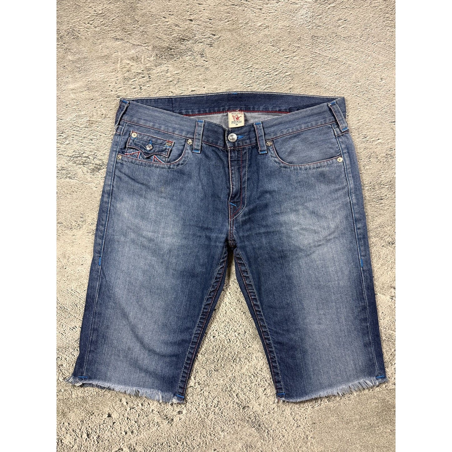 True Religion jorts denim shorts stitching blue red