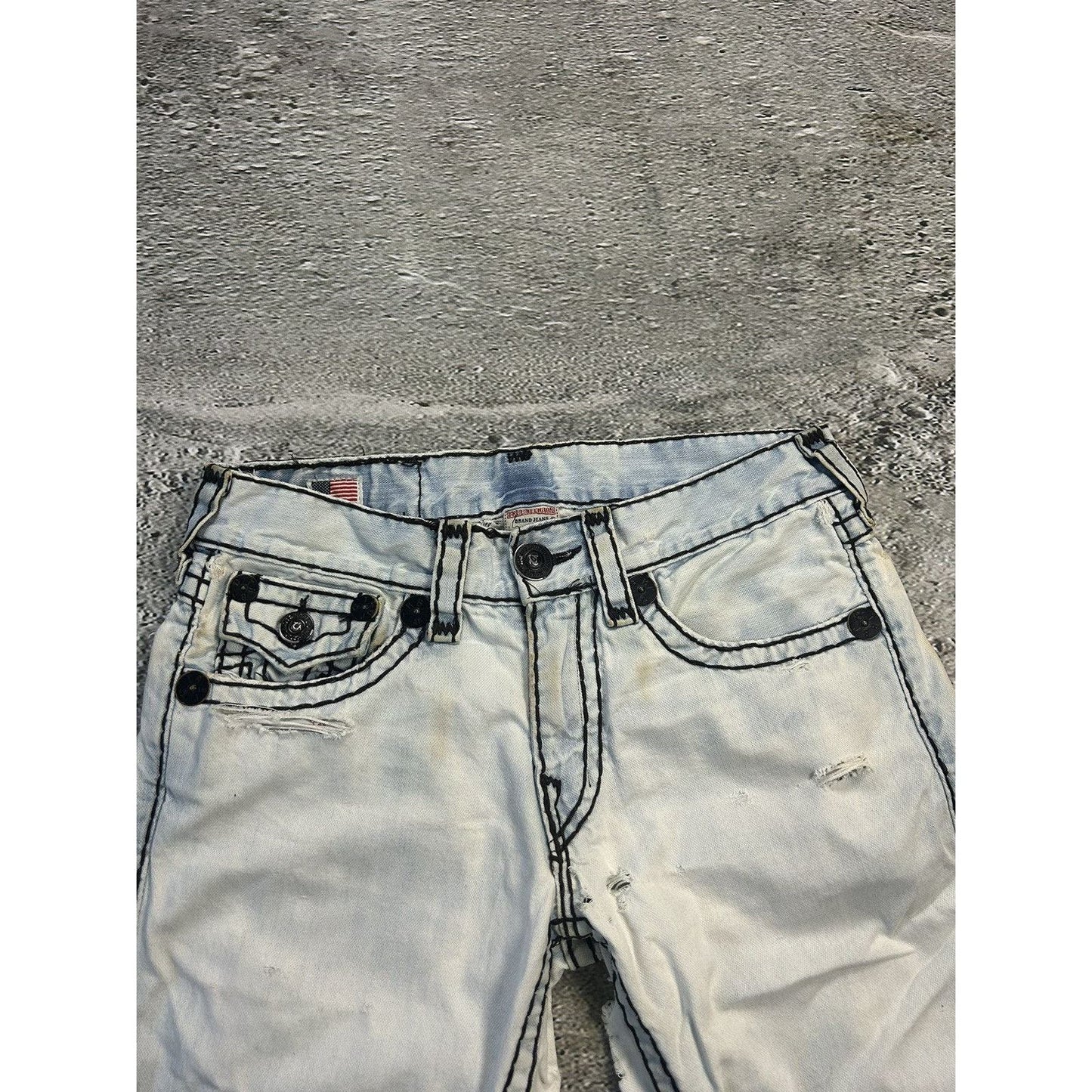 True Religion vintage baby blue white jeans black stitching