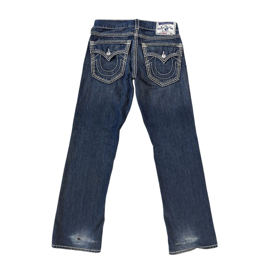 True Religion navy blue jeans white thick stitching straight