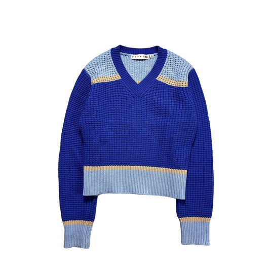 Marni Uniqlo Popcorn Knit V-neck Sweater blue